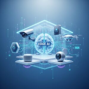 Futuristic smart home interior with edge AI devices seamlessly integrated, subtle glowing interfaces, depicting a connected and automated domestic environment.