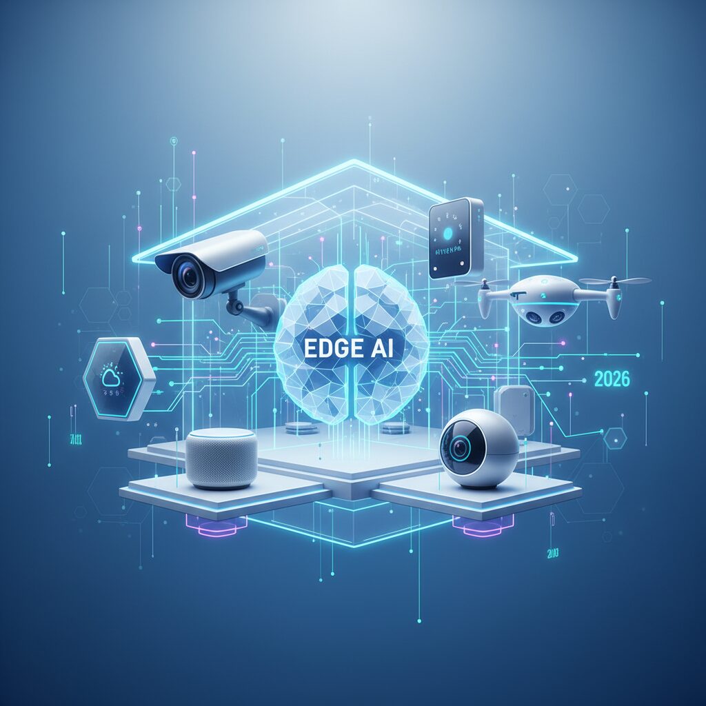Futuristic smart home interior with edge AI devices seamlessly integrated, subtle glowing interfaces, depicting a connected and automated domestic environment.