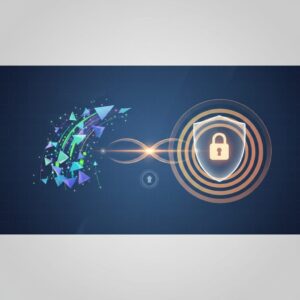 A futuristic digital interface displaying abstract data flows and security icons, with a glowing shield representing privacy protection, set against a backdrop of networked devices.