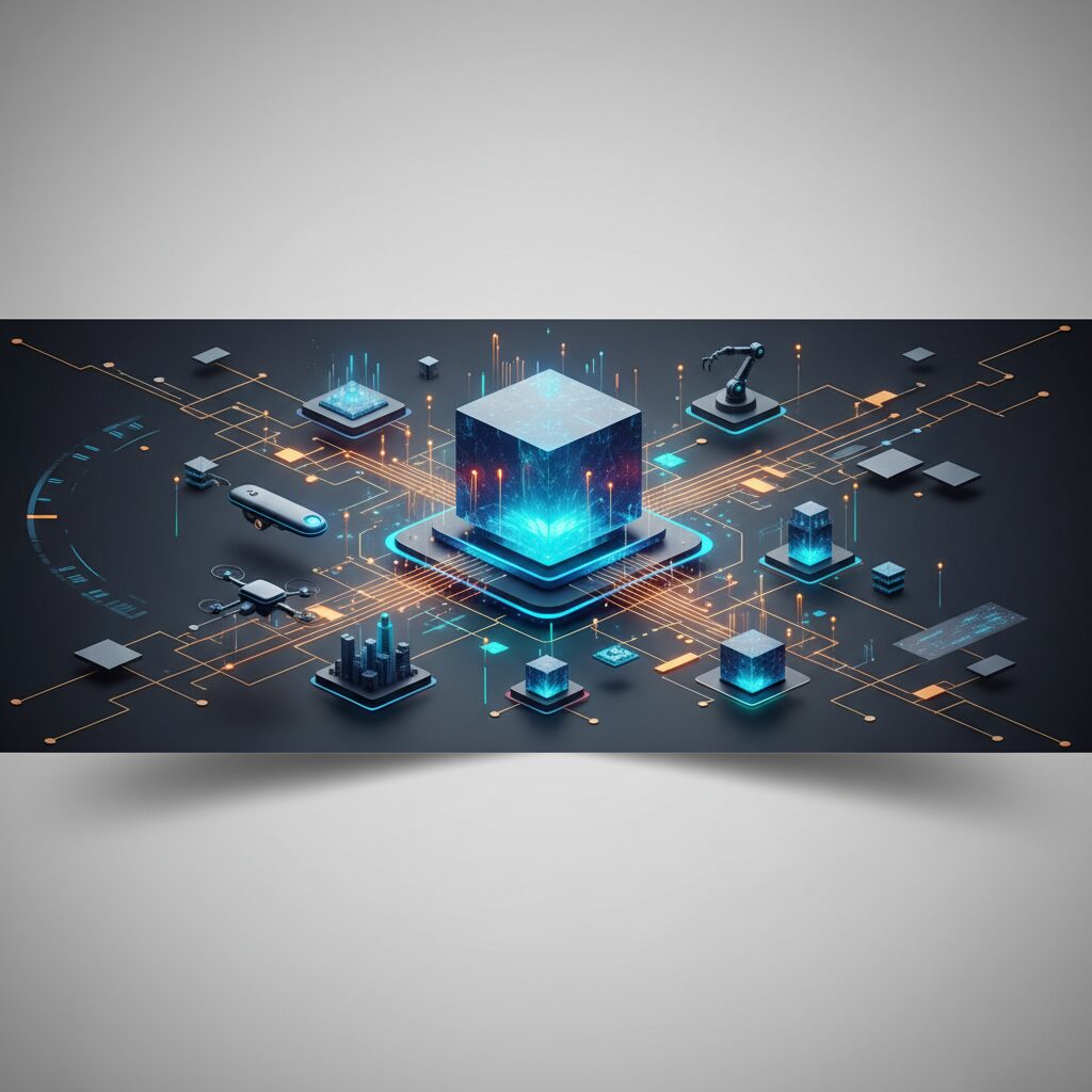 Futuristic scene depicting data flowing between a central server and various smart edge devices like smartphones, drones, and smart city sensors, with glowing AI neural networks overlayed.