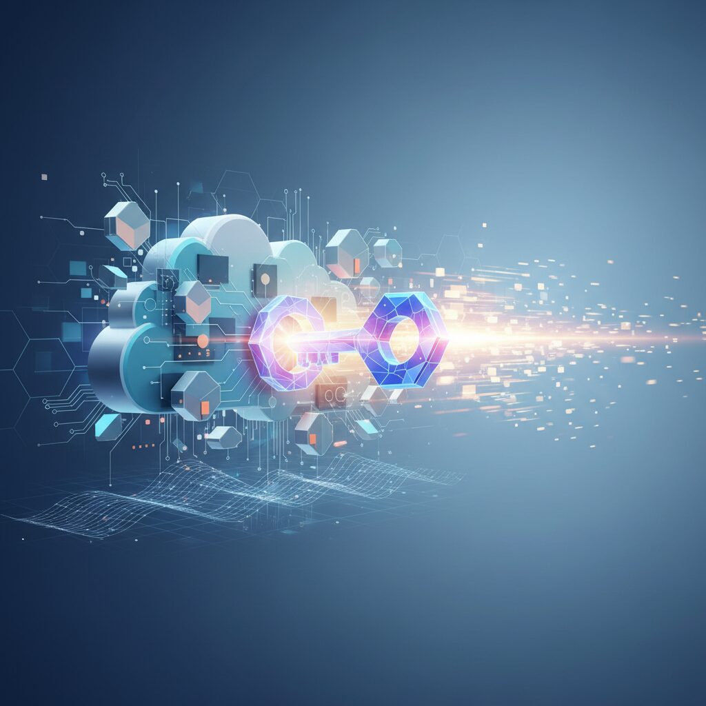 Abstract visualization of data moving rapidly through a futuristic cloud network, with glowing lines connecting servers and global points.