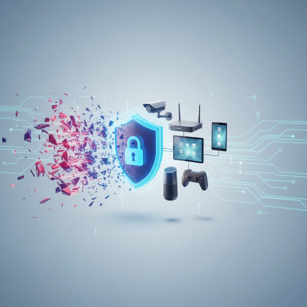 A stylized digital shield protecting a modern smart home, with network lines connecting various devices securely within a futuristic setting.