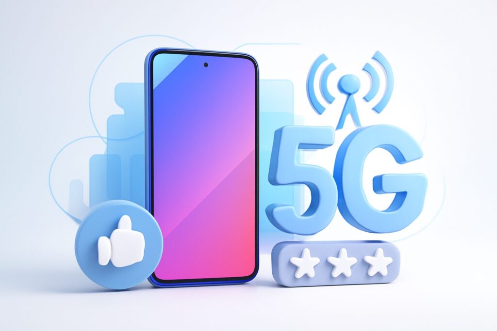 Modern 5G smartphones on display against a futuristic cityscape