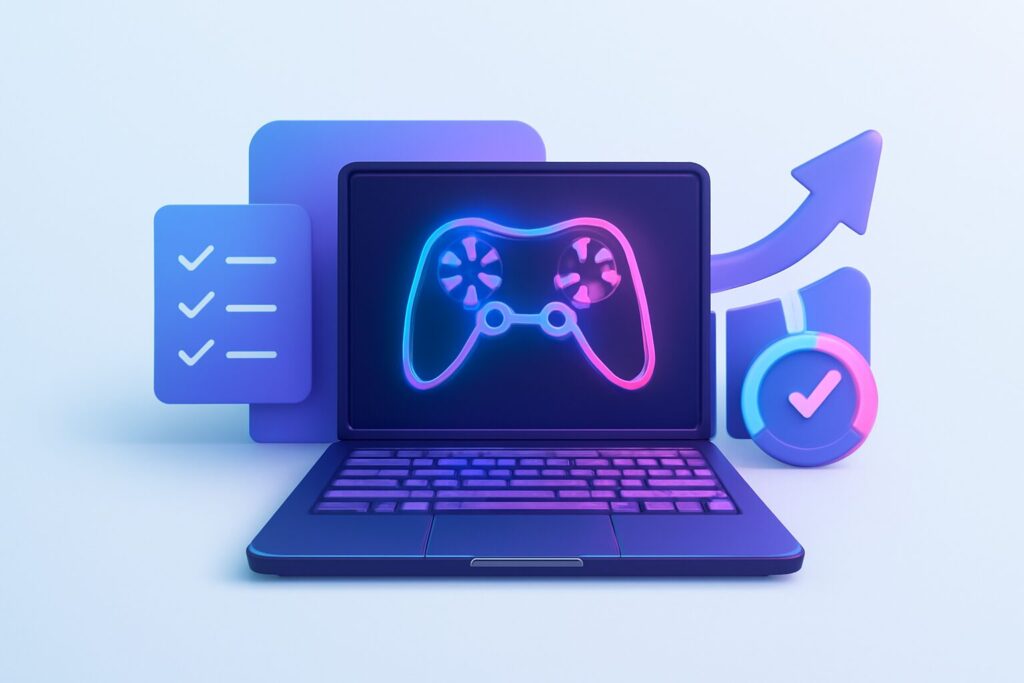A sleek high-tech gaming laptop with futuristic design on a gaming desk