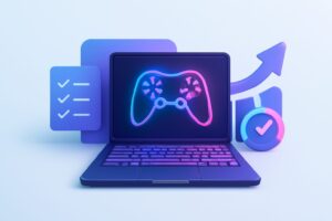 A sleek high-tech gaming laptop with futuristic design on a gaming desk