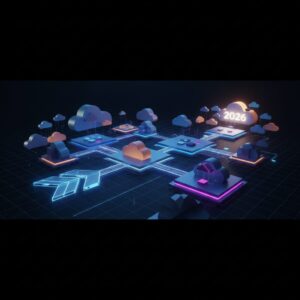 A visual representation of interconnected cloud computing icons, showing data flow and centralized management on a sleek digital interface, reflecting future multi-cloud strategies.