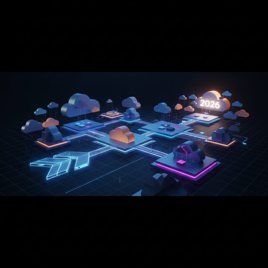 A visual representation of interconnected cloud computing icons, showing data flow and centralized management on a sleek digital interface, reflecting future multi-cloud strategies.