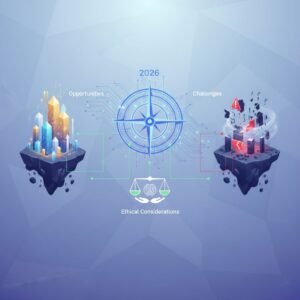A futuristic cityscape with glowing data streams and interconnected networks, featuring abstract human figures interacting with AI interfaces, symbolizing ethical considerations and future possibilities.