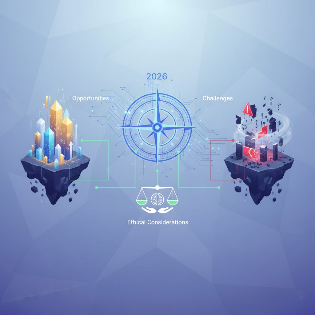 A futuristic cityscape with glowing data streams and interconnected networks, featuring abstract human figures interacting with AI interfaces, symbolizing ethical considerations and future possibilities.