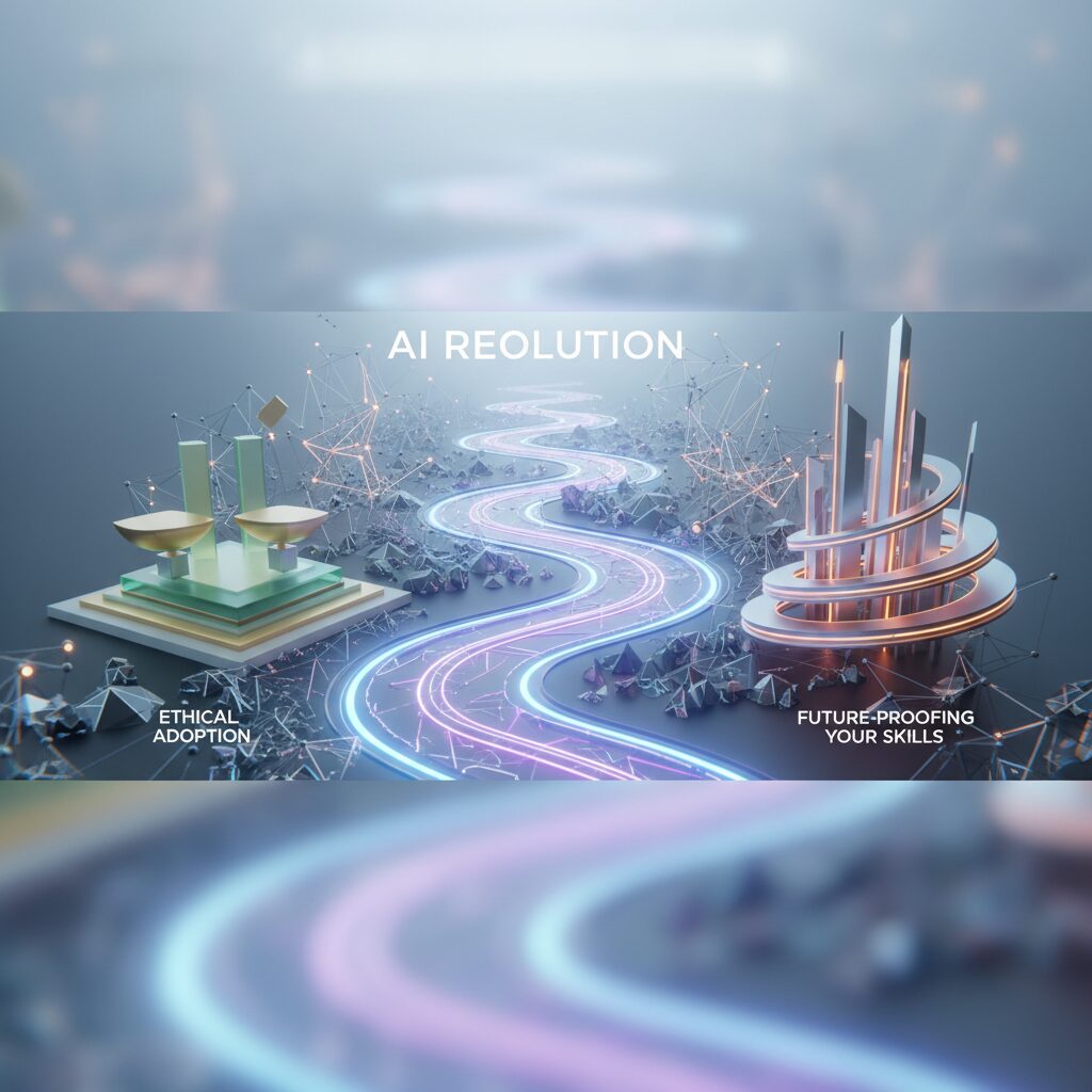 A diverse group of business leaders and technologists collaboratively discussing ethical AI guidelines around a translucent table with holographic AI interfaces.