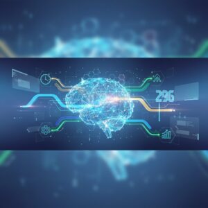 A futuristic workspace with a person interacting seamlessly with an advanced holographic AI assistant, displaying data and charts that indicate increased productivity and efficiency.