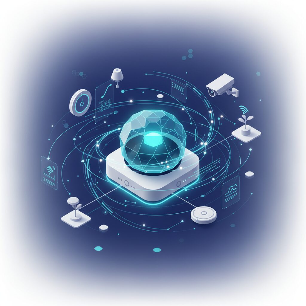 Sleek, futuristic smart home hub device on a modern countertop, surrounded by subtle glowing interfaces representing connected devices in a sophisticated living room.