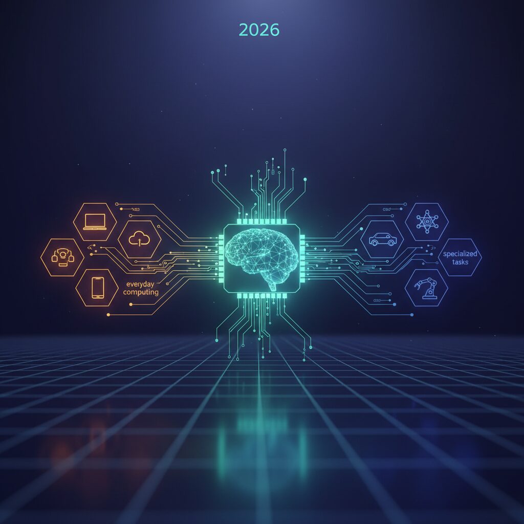 A gleaming, intricate microchip glowing with blue light, representing advanced AI processing power, surrounded by abstract digital data streams in a futuristic setting.