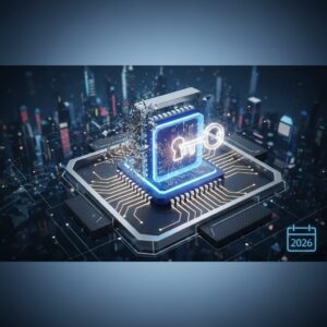 A futuristic, transparent computer processor with glowing circuits and intricate designs, set against a blurred background of a modern desktop setup.