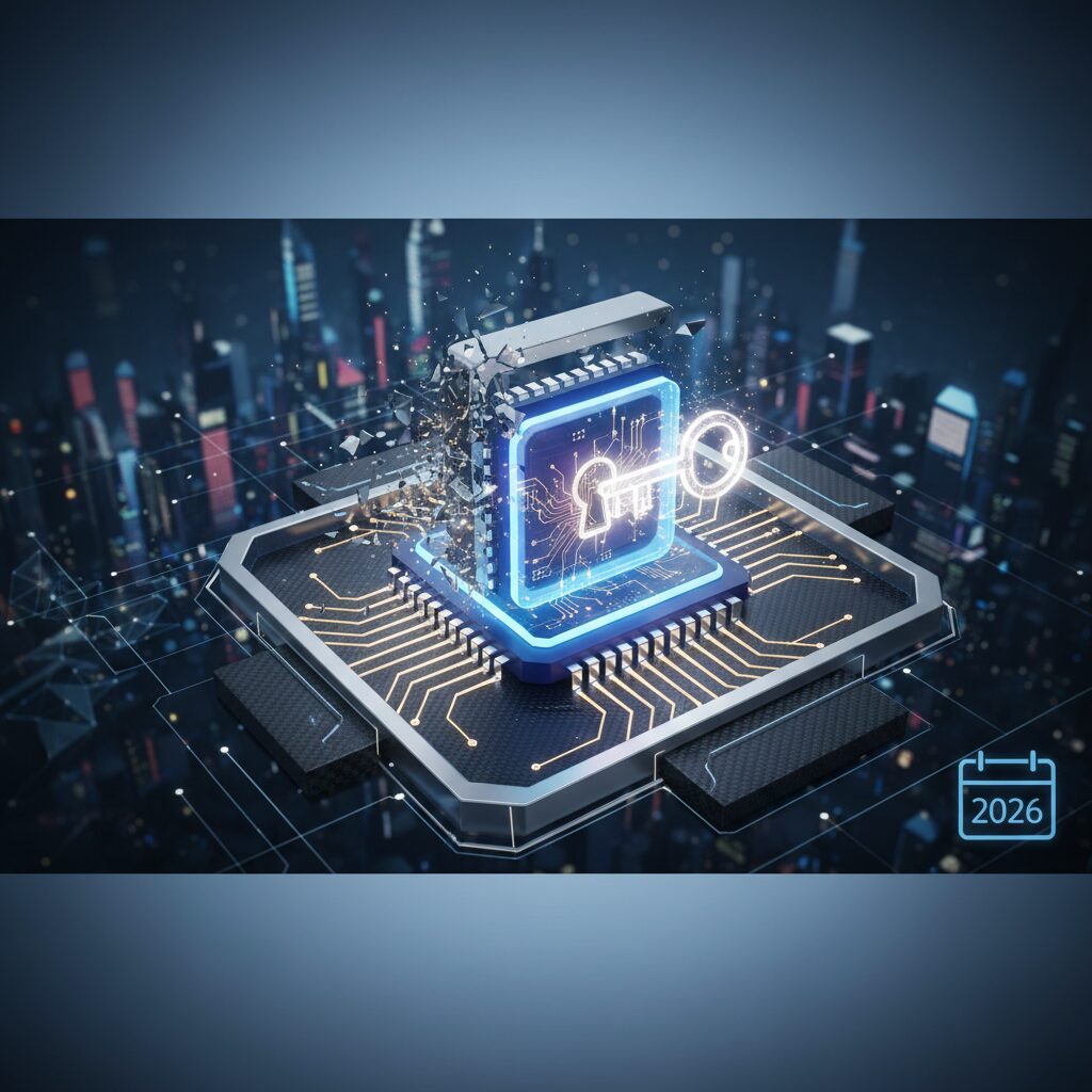 A futuristic, transparent computer processor with glowing circuits and intricate designs, set against a blurred background of a modern desktop setup.