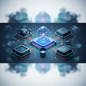 A futuristic microchip with intricate circuitry, glowing blue lines, placed on a transparent surface, surrounded by miniaturized smart devices, symbolizing advanced edge AI processing.
