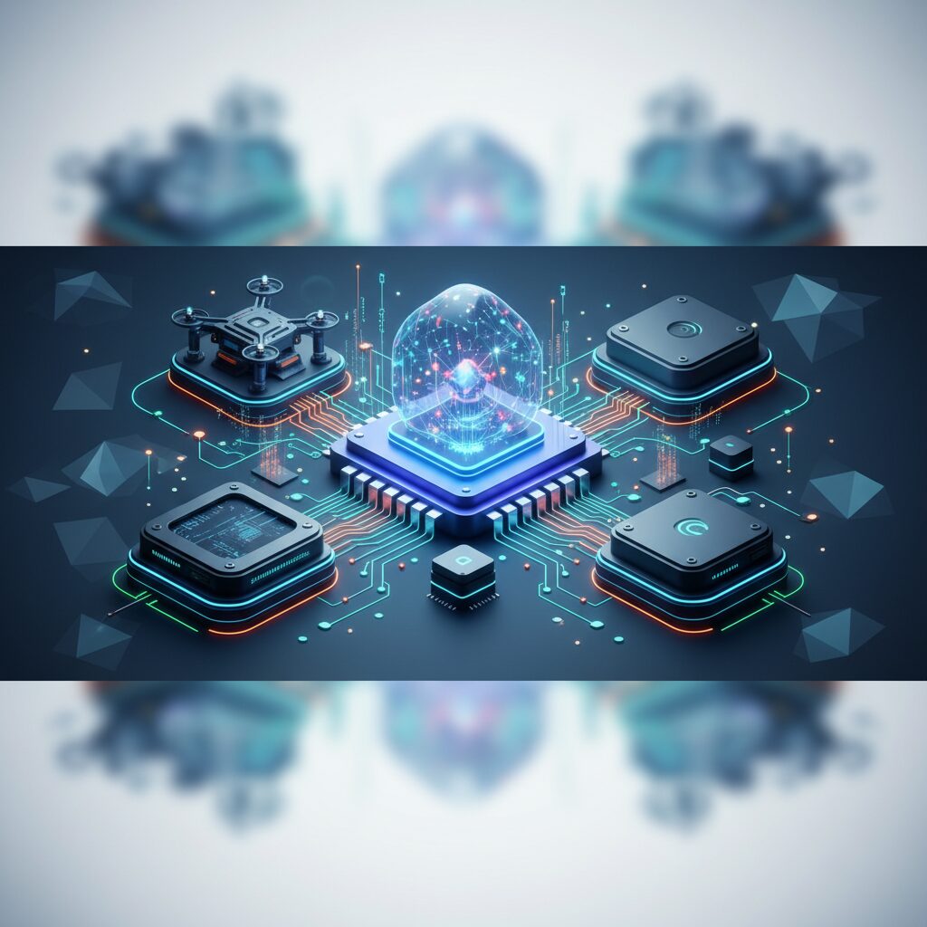 A futuristic microchip with intricate circuitry, glowing blue lines, placed on a transparent surface, surrounded by miniaturized smart devices, symbolizing advanced edge AI processing.