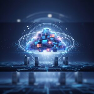 Abstract depiction of interconnected data nodes within a secure cloud network, glowing blue lines representing data flow, over a modern cityscape at dusk, symbolizing enterprise technology.