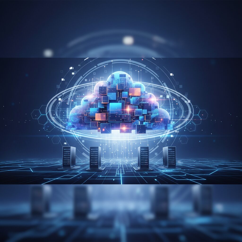Abstract depiction of interconnected data nodes within a secure cloud network, glowing blue lines representing data flow, over a modern cityscape at dusk, symbolizing enterprise technology.