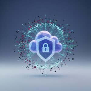 Abstract representation of secure cloud data, with glowing interconnected nodes forming a digital fortress, surrounded by subtle AI circuit patterns, futuristic blue and purple tones.