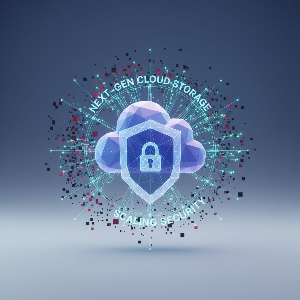 Abstract representation of secure cloud data, with glowing interconnected nodes forming a digital fortress, surrounded by subtle AI circuit patterns, futuristic blue and purple tones.