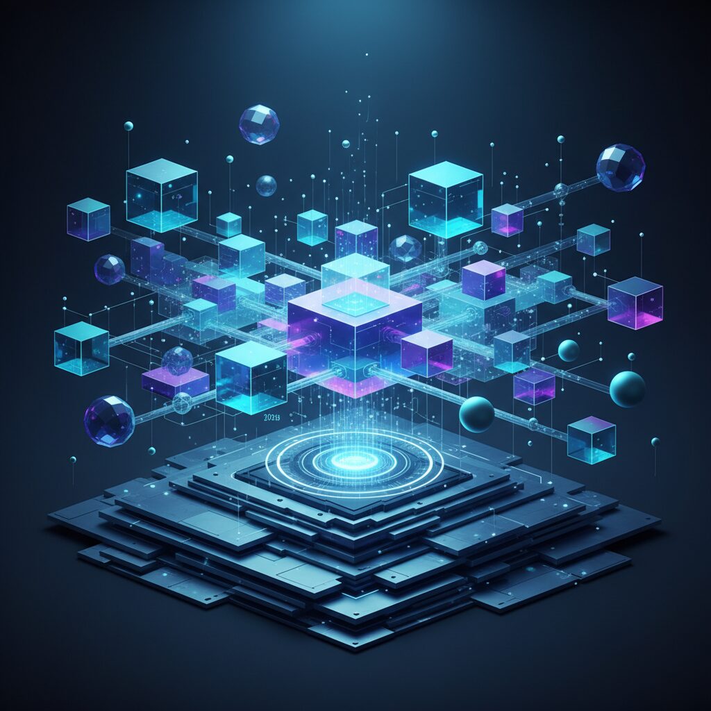 Sleek, glowing blue data servers in a futuristic server room, symbolizing advanced cloud infrastructure. Digital lines represent secure, global data flow.