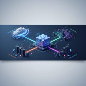 Interconnected network infrastructure with glowing data streams representing cloud, edge, and hybrid storage solutions against a futuristic backdrop.
