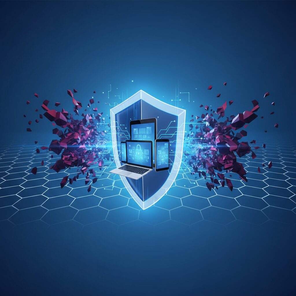 A futuristic digital cityscape protected by a glowing, intricate shield network, symbolizing next-gen endpoint security solutions for businesses in 2026.