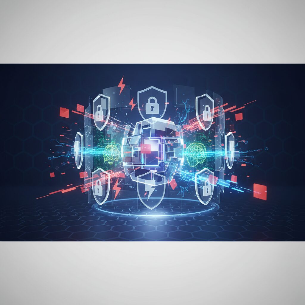 An abstract visualization of a futuristic enterprise cloud platform with interconnected data nodes, glowing security shields, and AI-powered interfaces in a digital environment.