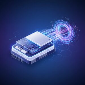 A sleek, futuristic SSD concept glowing with blue light, surrounded by swirling data streams and intricate microchips, symbolizing ultra-fast performance.