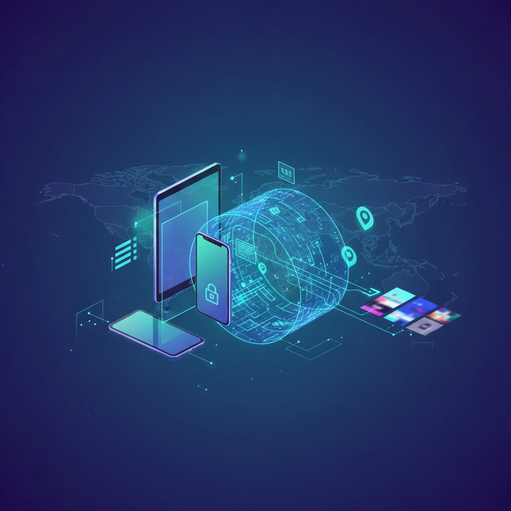 Abstract depiction of a secure, futuristic network with glowing data streams protected by a digital shield, against a dark, tech-infused background.