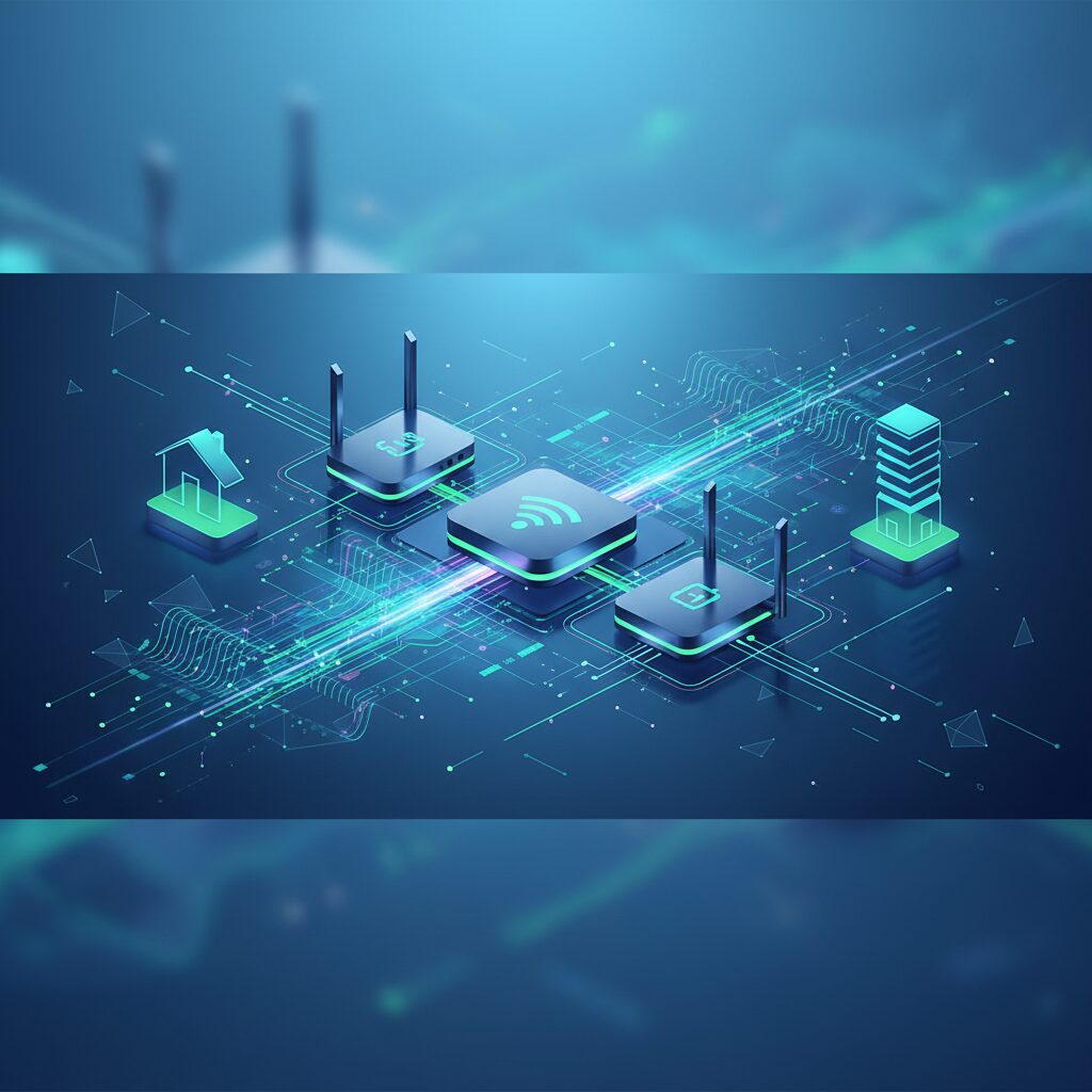A sleek, futuristic Wi-Fi 7 router sits on a minimalist desk, glowing subtly. Blurred background shows a smart home environment with connected devices, symbolizing advanced connectivity.