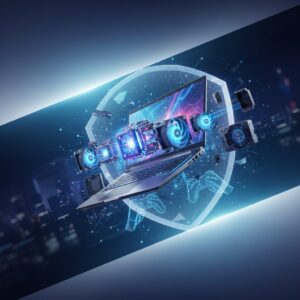 Sleek, futuristic gaming laptop on a glowing desk with advanced holographic displays, showcasing high-performance components and vibrant ambient lighting.