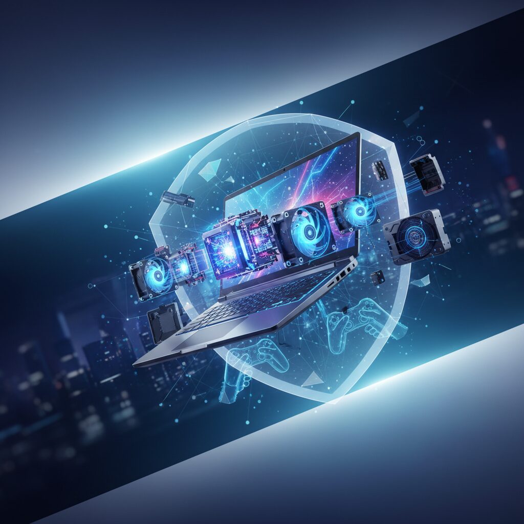 Sleek, futuristic gaming laptop on a glowing desk with advanced holographic displays, showcasing high-performance components and vibrant ambient lighting.