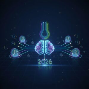 Futuristic dashboard with AI algorithms optimizing customer experiences. Holographic displays show personalized content recommendations and data streams in a modern setting.