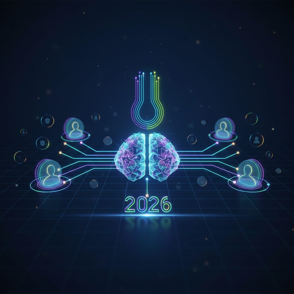 Futuristic dashboard with AI algorithms optimizing customer experiences. Holographic displays show personalized content recommendations and data streams in a modern setting.