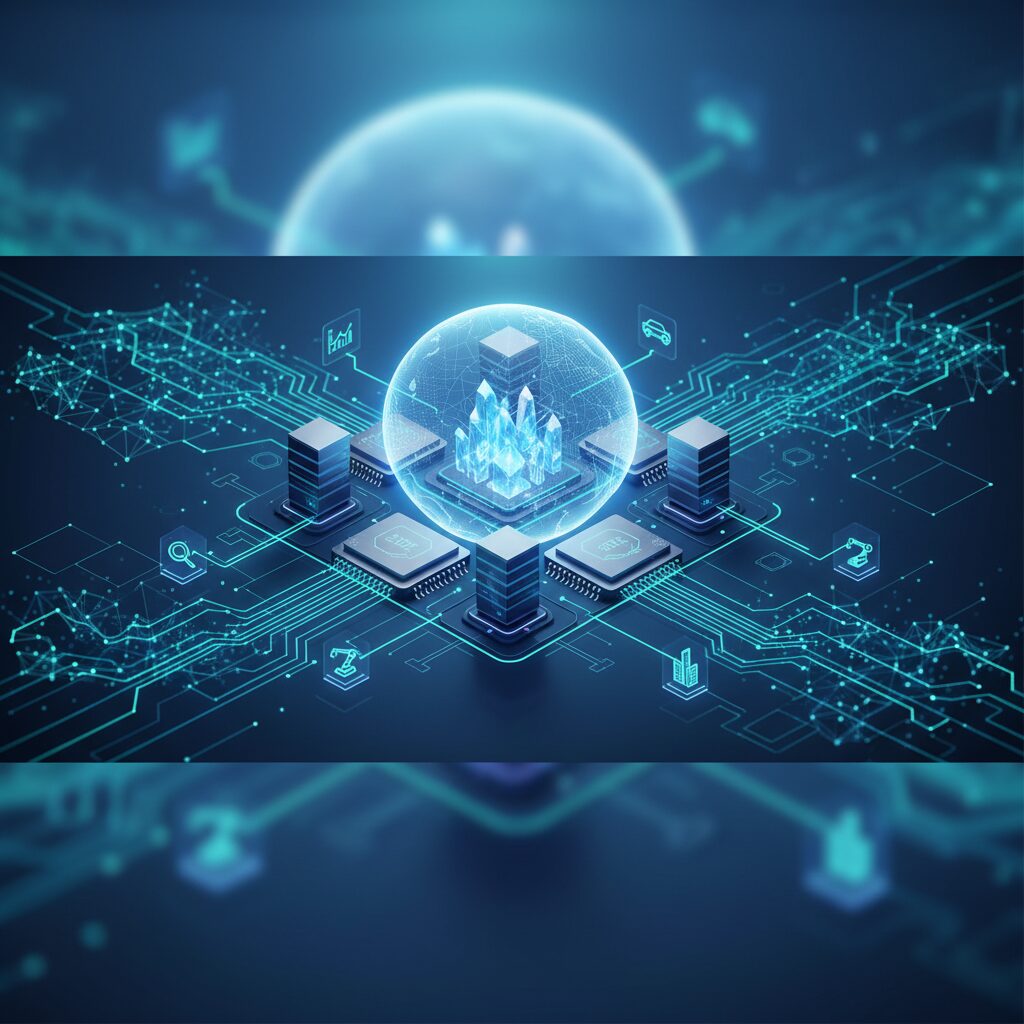 Abstract visualization of data flowing between a central cloud server and multiple small, interconnected edge devices, illustrating efficient AI processing.
