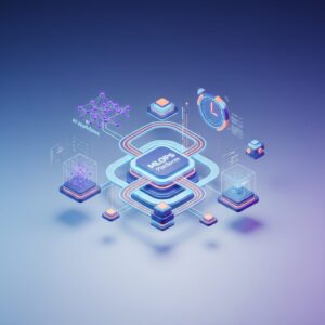 A futuristic data center with glowing server racks, holographic interfaces displaying AI models and workflow pipelines, and a diverse team collaborating around a central display, symbolizing efficient managed MLOps platforms.