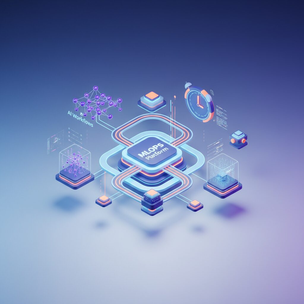 A futuristic data center with glowing server racks, holographic interfaces displaying AI models and workflow pipelines, and a diverse team collaborating around a central display, symbolizing efficient managed MLOps platforms.