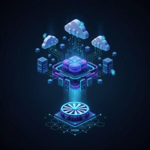 A futuristic data center featuring glowing blue server racks and visually flowing data streams, representing advanced cloud infrastructure for high-demand users.