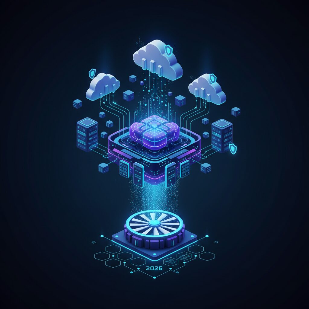 A futuristic data center featuring glowing blue server racks and visually flowing data streams, representing advanced cloud infrastructure for high-demand users.