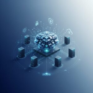 A futuristic data center with glowing lines representing data flow, connecting various edge devices to a central AI processing unit, symbolizing efficient computing.