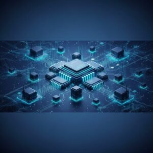 A futuristic microchip glowing with blue and green light, representing advanced AI processing, intricately connected to an abstract data network in a modern, clean environment.