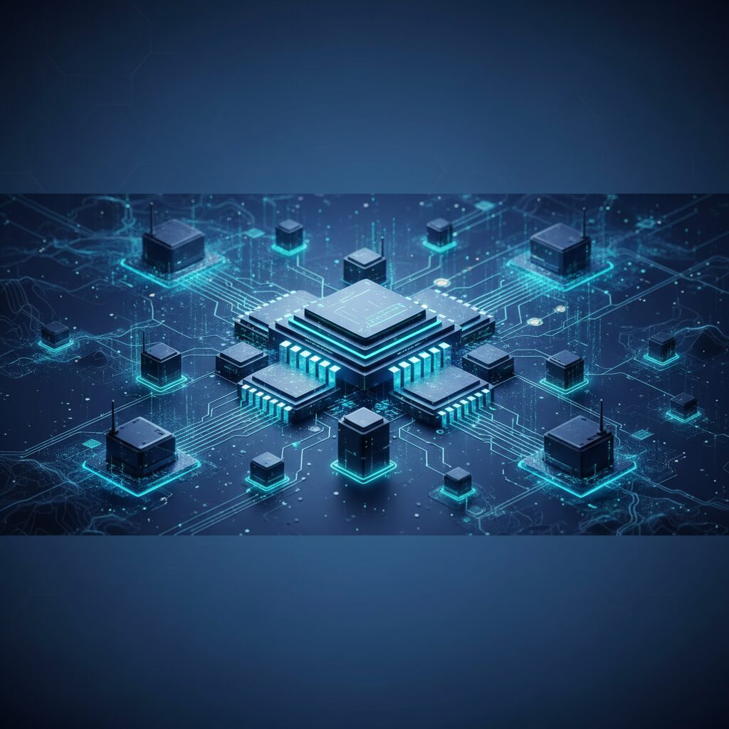 A futuristic microchip glowing with blue and green light, representing advanced AI processing, intricately connected to an abstract data network in a modern, clean environment.