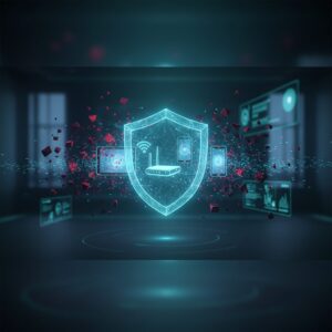 A futuristic, secure home network setup featuring a sleek router emitting a digital shield, connected to devices like a laptop and tablet, all surrounded by glowing data lines and padlock icons, signifying advanced cybersecurity.