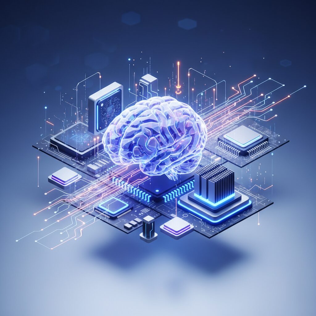 A futuristic desk setup with a high-performance PC displaying AI interfaces and complex data visualizations, set in a modern, clean tech workspace.