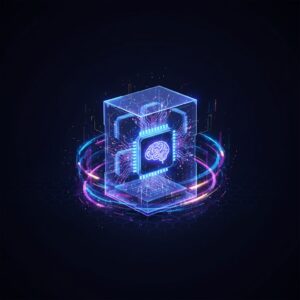 A high-tech, futuristic AI processor chip with intricate circuitry and glowing elements, mounted on a sleek black motherboard in a professional setting.