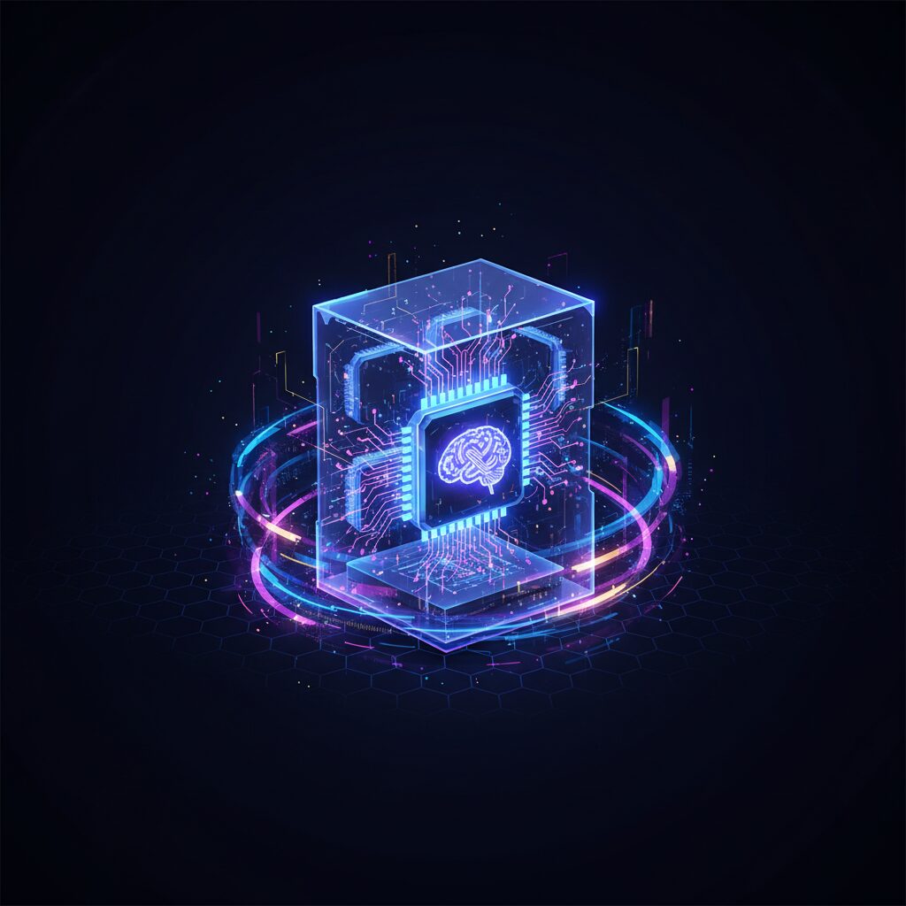 A high-tech, futuristic AI processor chip with intricate circuitry and glowing elements, mounted on a sleek black motherboard in a professional setting.