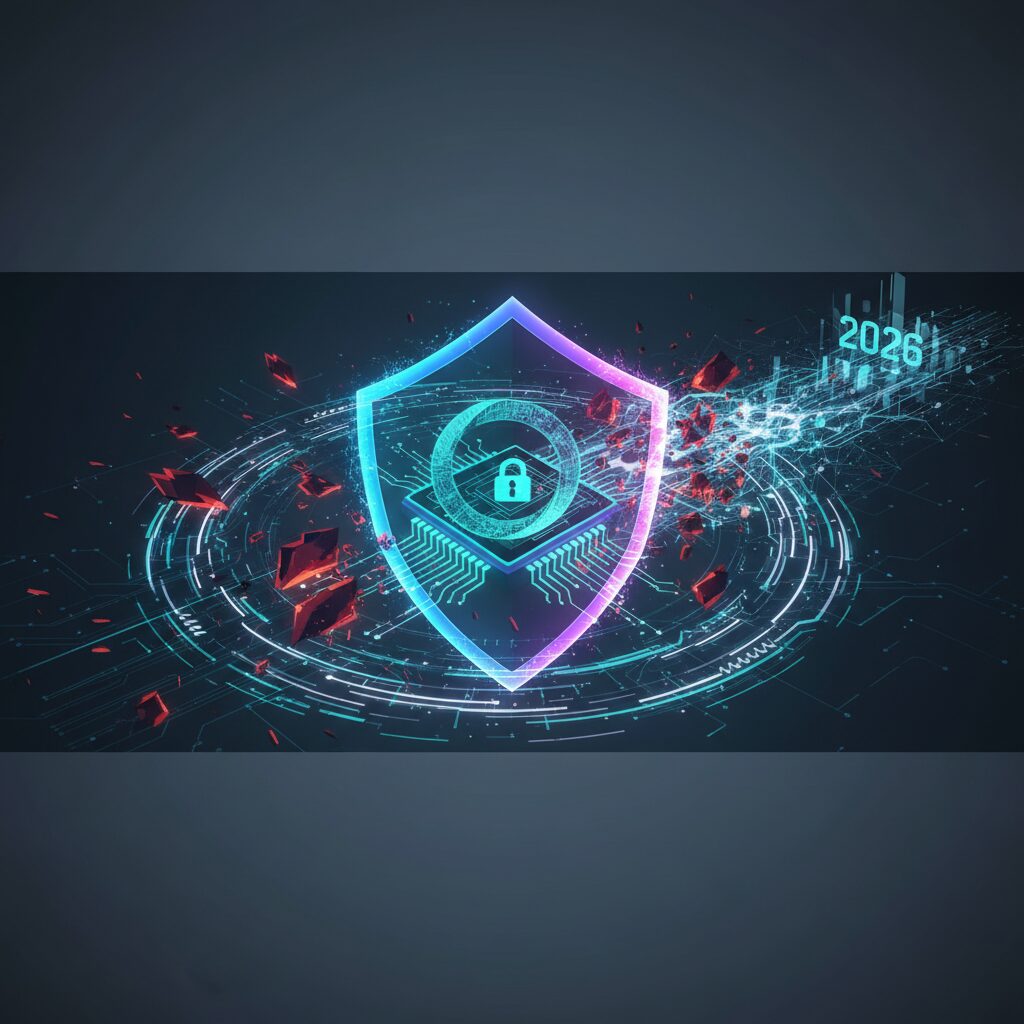 An abstract visual representing secure data protected by quantum computing principles, featuring glowing quantum particles and digital shields in a futuristic setting.
