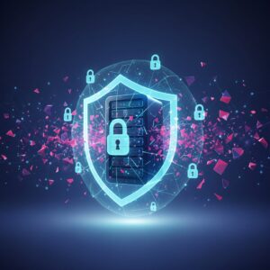 Abstract digital network representing secure data flow with glowing quantum bits, safeguarding critical information within a futuristic, dark blue technological environment.